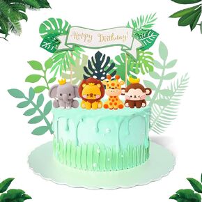 12 Pcs Jungle Safari Animal Cake Toppers with Elephant Giraffe Lion Monkey Glittery Tropical Leaves, Cute Jungle Animals Cake Decoration for Jungle Themed Party Baby Showers Kids Birthday Party