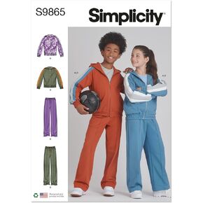 Simplicity Girls' and Boys' Jacket and Wide Leg Track Pants Sewing Pattern Packet, Design Code S9865, Sizes 7-8-10-12-14, Multicolor