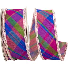 Reliant Ribbon Magenta Plaid Diagonal Dupioni Deluxe Wired Edge Ribbon