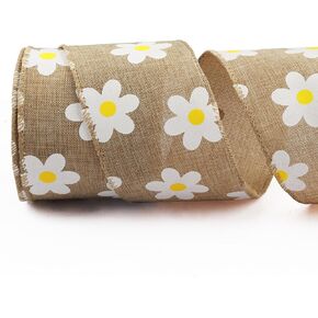Flower Ribbons for Wreath Bows Wrapping Gifts, Daisy Floral Orange Ribbons for Easter Decoration DIY Crafts, 2.48" X 10 Yards Spring Wired Edge Burlap Floral Ribbon