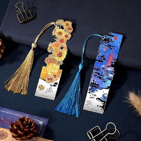 2pcs Metal Bookmarks with Tassel, Pretty Metal Bookmarks for Reading Lovers, Women, Men, Kids, Book Lovers, Van Gogh Oil Painting Theme Vintage Marks Accessories