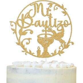 Gold Glitter Mi Bautizo Cake Topper, Spanish Baptism Cake Decor for Kids, First Holy Communion, God Bless, on Your Confirmation, Christening Baby's 1st Birthday Baby Shower Party Decorations Supplies