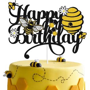 WINPOGEE Bumble Bee Happy Birthday Cake Topper Happy Bee DayThemed Birthday Party Decoration Honey Decoration Supplies for Baby Boys Girls