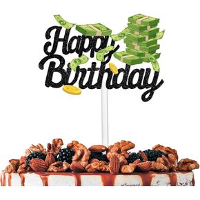Black Glitter Happy Birthday Cake Topper Cheer to Jackpot Gamble Dollar Money Gold Coin Theme Decorations Men Women Happy Birthday Las Vegas Nigh Party Decor Supplies