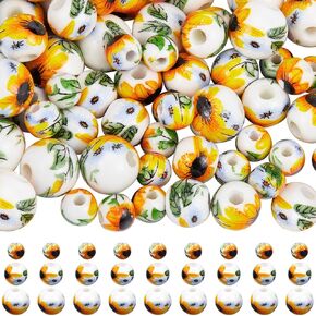 1 Box 100Pcs Ceramic Flower Beads Round Ceramic Beads Yellow Sunflower Porcelain 6mm 8mm 10mm Small Summer Floral Spacer Loose Bead for Jewelry Making Necklaces Bracelets Supplies DIY Crafts