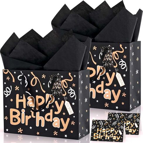 Black Birthday Gift Bag Set, 2PCS 13" Large Gift Bags with 6 Tissue Paper and 2 Greeting Cards, Gold Foil Happy Birthday Gift Bag with Handles, Black Gold Paper Gift Bags for Men Women Birthday Party in Kuwait