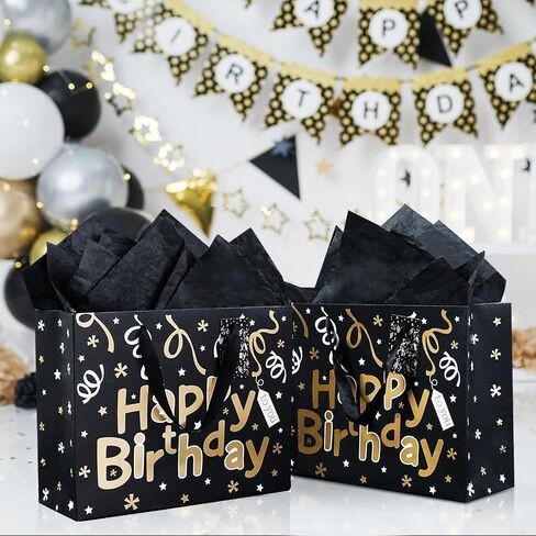 Black Birthday Gift Bag Set, 2PCS 13" Large Gift Bags with 6 Tissue Paper and 2 Greeting Cards, Gold Foil Happy Birthday Gift Bag with Handles, Black Gold Paper Gift Bags for Men Women Birthday Party in Kuwait