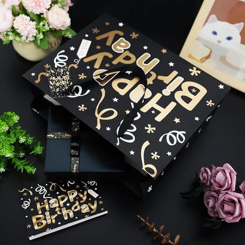 Black Birthday Gift Bag Set, 2PCS 13" Large Gift Bags with 6 Tissue Paper and 2 Greeting Cards, Gold Foil Happy Birthday Gift Bag with Handles, Black Gold Paper Gift Bags for Men Women Birthday Party in Kuwait
