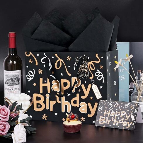 Black Birthday Gift Bag Set, 2PCS 13" Large Gift Bags with 6 Tissue Paper and 2 Greeting Cards, Gold Foil Happy Birthday Gift Bag with Handles, Black Gold Paper Gift Bags for Men Women Birthday Party in Kuwait