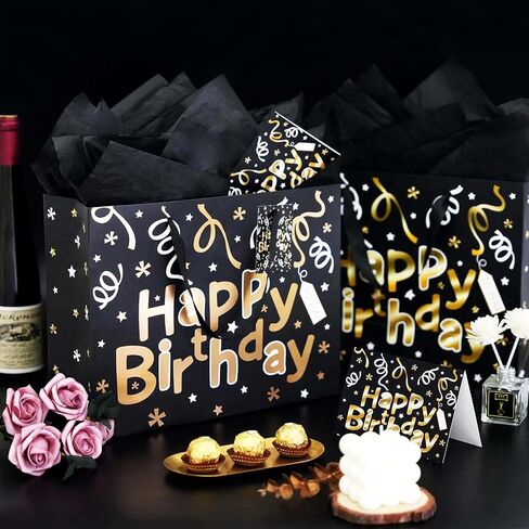 Black Birthday Gift Bag Set, 2PCS 13" Large Gift Bags with 6 Tissue Paper and 2 Greeting Cards, Gold Foil Happy Birthday Gift Bag with Handles, Black Gold Paper Gift Bags for Men Women Birthday Party in Kuwait