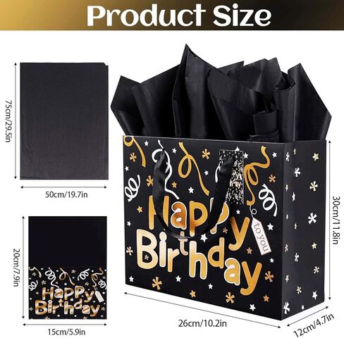 Black Birthday Gift Bag Set, 2PCS 13" Large Gift Bags with 6 Tissue Paper and 2 Greeting Cards, Gold Foil Happy Birthday Gift Bag with Handles, Black Gold Paper Gift Bags for Men Women Birthday Party in Kuwait
