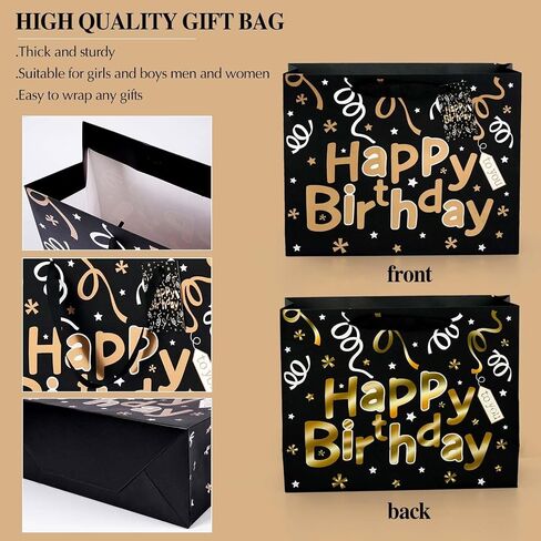 Black Birthday Gift Bag Set, 2PCS 13" Large Gift Bags with 6 Tissue Paper and 2 Greeting Cards, Gold Foil Happy Birthday Gift Bag with Handles, Black Gold Paper Gift Bags for Men Women Birthday Party in Kuwait