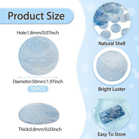 Cheriswelry 50Pcs Flat Round Natural Shell Connector Charms Disc Coin Seashell Drop Pendants DIY Summer Beach Accessories 50x0.8mm for Necklace Keychain Wind Chime Handicrafts Making (Steel Blue) in Kuwait