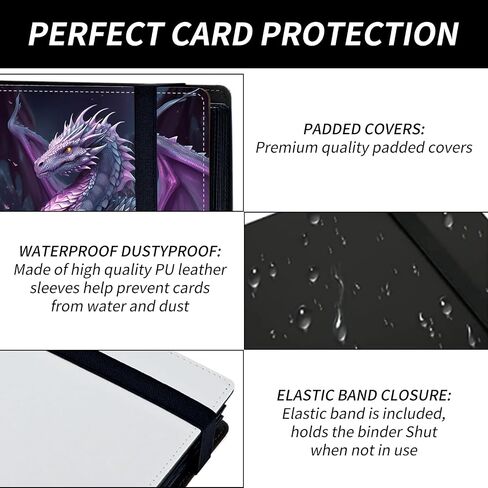 9 Pocket Card Binder for Trading Cards, Trading Card with Sleeves Holder Album, PU Leather Cover Card Collection Binder Large Capacity 360 Pocket Storage Card Sleeves for MTG,TCG, Book Purple Dragon in Kuwait