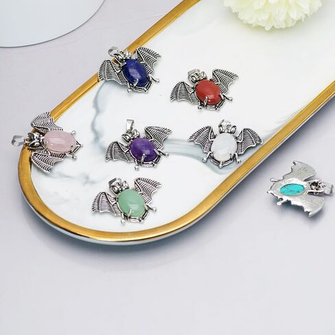 6 Pieces Tiny Bat Charm Necklace Bat Pendant Necklace Vampire Jewelry Halloween Oval Gemstone Setting Best Friends Gift in Saudi Arabia