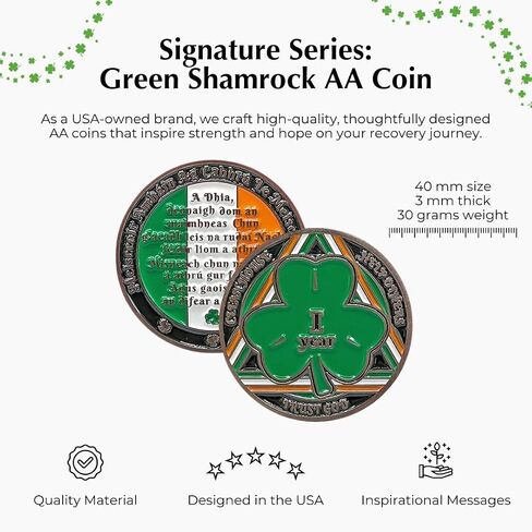 MYRECOVERYSTORE Green Shamrock Recovery Medallion in Years 1-50 Serenity Prayer in Gaelic on Rear in Saudi Arabia