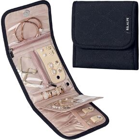 BELALIFE Travel Jewelry Organizer, Small Foldable Jewelry Storage Case for Earrings, Necklaces, Rings, Bracelets, Brooches, Black