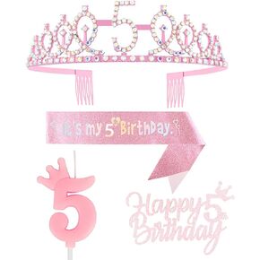 3rd Birthday Decorations for Girl, Including 3rd Birthday Crown/Tiara, Sash, Happy Birthday Cake Toppers and Number 3 Candles, Pink Birthday Party Supplies 3 Year Old Girl Birthday Gift Ideas