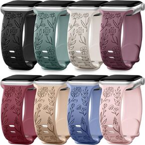 Easuny 8 Pack Bands for Women Apple Watch 40mm 41mm 38mm 42mm 44mm 45mm 49mm iWatch Series 9 8 7 6 5 4 3 Ultra 2/1 SE SE 2nd, Soft Silicone Floral Engraved Dressy Wrist Straps