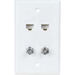 BUPLDET 2 Ethernet 2 Coax Wall Plate - Double Cat6 Ethernet Jacks and Dual Coaxial Cable TV F-Type Faceplate - White