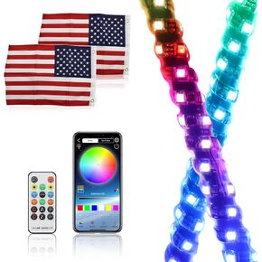 2PCS 3FT Spiral LED Whip Lights BaishenglinMotor Waterproof LED Safety Whips Chasing Warning Lights with Bluetooth APP RF Wireless Remote Control w/Flag for Offroad Dune Buggy UTV ATV Polaris RZR 4X4