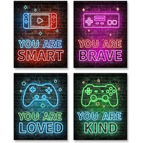 Neon Video Game Decor Set of 4(8"x10"), Boys Room Decorations for Bedroom, Encouragement Gaming Wall Art for Kids Boy Playroom Home Decor, gamer wall art, Teen boy bedroom, No Frames