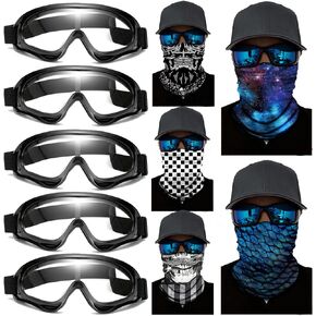 10 Pcs Motorcycle Set, 5 Dirt Bike Ski Goggles UV Protection Dustproof Windproof Safety Glasses with 5 Face Mask, Polyester-Skull&Grid&Smoke&Star&Scale