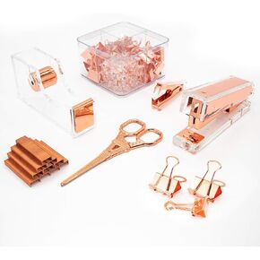 Rosegold Office Supplies Set,Package Contains Stapler,Tape Dispenser,Staple Remover,Scissors,Binder Clips,Paper Clips,Push Pins and 1000pcs Staples.Acrylic Office Desk Accessories Kits