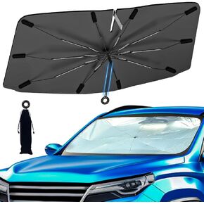 Windshield Sun Shade with 360° Pull Cord Anti-Scratch Handle - Upgraded Sunshade for Car Windshield with Double-Layer Fabric, Car Umbrella Front Sun Shades Cover for Most Vehicles