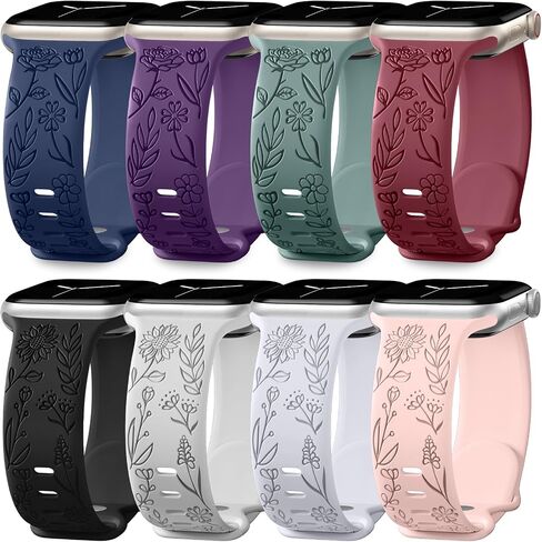 Easuny 8 Pack Bands for Women Compatible with Apple Watch 40mm 41mm 38mm 42mm 44mm 45mm 46mm 49mm iWatch Series 11 10 9 8 7 6 5 4 3 Ultra SE 3 SE 2nd, Soft Silicone Floral Engraved Dressy Wrist Straps in Kuwait