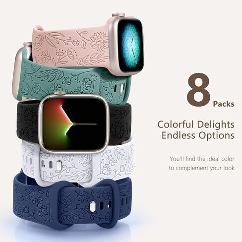 Easuny 8 Pack Bands for Women Compatible with Apple Watch 40mm 41mm 38mm 42mm 44mm 45mm 46mm 49mm iWatch Series 11 10 9 8 7 6 5 4 3 Ultra SE 3 SE 2nd, Soft Silicone Floral Engraved Dressy Wrist Straps in Kuwait