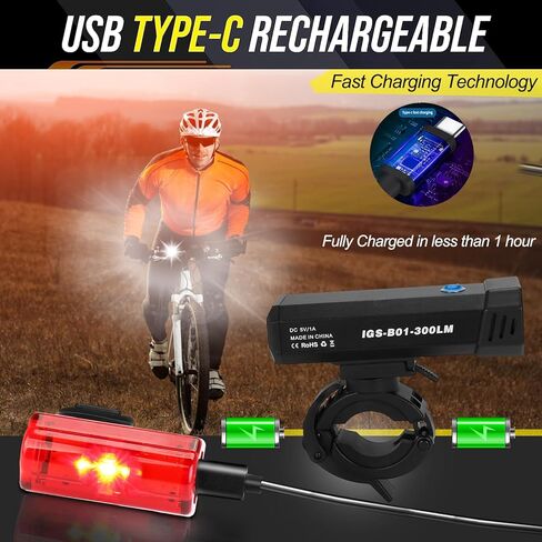 مجموعة مصابيح الدراجة فائقة السطوع يمكن شحنها عن طريق منفذ USB، مصباح أمامي للركوب الليلي وإضاءة خلفية خلفية، 3 أوضاع إضاءة، سهلة التركيب، مناسبة للرجال والنساء والأطفال في الهواء الطلق ورياضات الدراجات الجبلية على الطرق in Kuwait