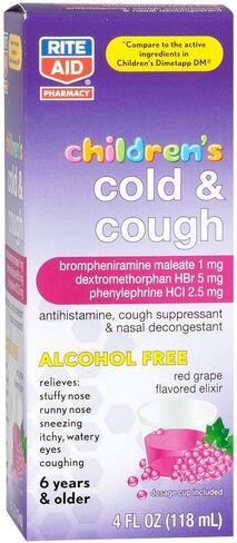 Rite Aid Children's Cold & Cough Syrup, Red Grape Flavor - 4 fl oz | Cold & Cough Medicine for Kids Ages 6 & Up | Alcohol-Free Formula | Childrens Cold Medicine | Cold and Cough Medicine for Kids in Kuwait