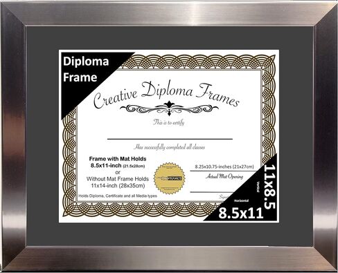 Creative Picture Frames 11" x 14" Stainless Steel Finish Diploma Frame with Black Mat to Hold 8.5 by 11-inch Graduation Documents w/Stand and Wall Hanger in Saudi Arabia