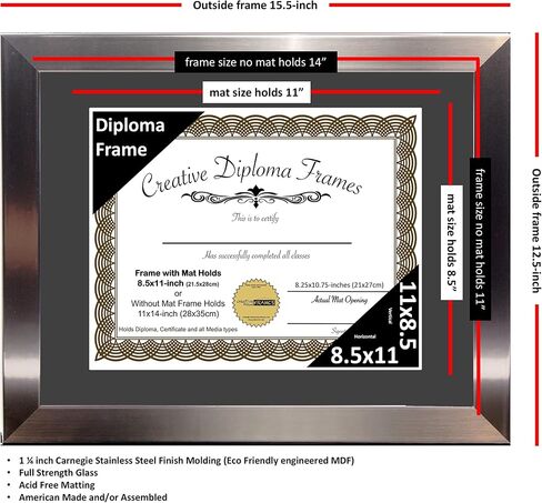 Creative Picture Frames 11" x 14" Stainless Steel Finish Diploma Frame with Black Mat to Hold 8.5 by 11-inch Graduation Documents w/Stand and Wall Hanger in Saudi Arabia