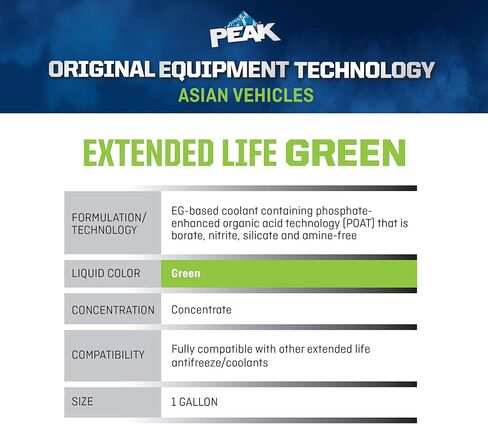 PEAK OET ممتد الحياة باللون الأخضر 50/50 مضاد التجمد/المبرد المخفف مسبقًا للمركبات الآسيوية، 1 جالون. in Kuwait
