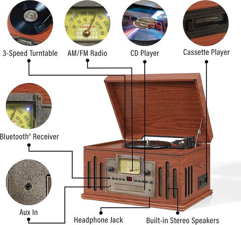Crosley CR704B-WA Musician 8-in-1 Record Player, Walnut | 3-Speed Turntable, Bluetooth In, Built-in Full-Range Stereo Speakers, AM/FM Radio, CD Player in Kuwait