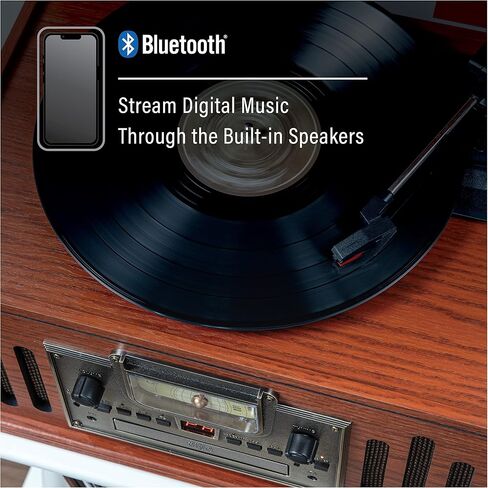 Crosley CR704B-WA Musician 8-in-1 Record Player, Walnut | 3-Speed Turntable, Bluetooth In, Built-in Full-Range Stereo Speakers, AM/FM Radio, CD Player in Kuwait