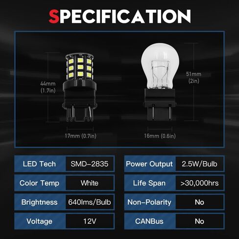 VEHICODE 3157 LED لمبة بيضاء 3047 3057 3156 3156K 3157A 3457 3457A 4057 4157 عكس الذيل الفرامل بدوره إشارة الضوء 4114 4114K النهار تشغيل DRL مصباح المناظر الطبيعية السوبر مشرق (10 حزمة) in Kuwait