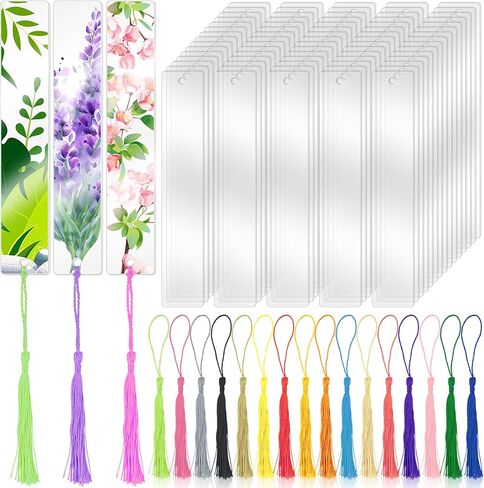 100 PCS Acrylic Blanks Bookmarks with 100 Pcs Colorful Bookmark Tassels, Clear Bookmarks Bulk for DIY Craft Projects and Gift Tags, 5 x 1inch in Kuwait