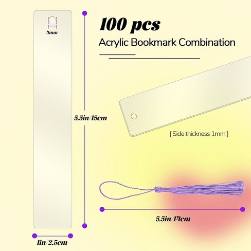 100 PCS Acrylic Blanks Bookmarks with 100 Pcs Colorful Bookmark Tassels, Clear Bookmarks Bulk for DIY Craft Projects and Gift Tags, 5 x 1inch in Kuwait