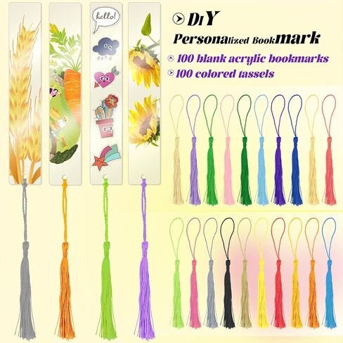 100 PCS Acrylic Blanks Bookmarks with 100 Pcs Colorful Bookmark Tassels, Clear Bookmarks Bulk for DIY Craft Projects and Gift Tags, 5 x 1inch in Kuwait
