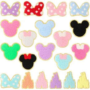 20 PCS Chenille Mouse Head Iron on Patches, CCOZN Colorful Chenille Castle Bowknot Mouse Embroidered Patches Sew On Embroidered Applique DIY Accessory for Clothing Hats Jackets Backpack Pants