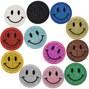 Bundle 12Pcs Cute Happy Smile Face Chenille Patch, Round Decorative Iron Sew on Patches Accessories for Clothes Bags Jacket Jeans Backpacks Shoes