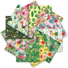 Whaline 12Pcs Summer Cotton Fabric Bundles Tropical Leaves Flower Flamingo Fat Quarters Hawaiian Quilting Patchwork for DIY Handmade Craft Home Party Decor, 18 x 22 Inch