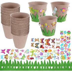 baotongle 30pc Garden Paper Pot Craft Kit Flower Plant Spring Craft with 8 Sheet Adhesive Foam Stickers 30 PCS Paper Mache Pots 78inches Green Grass Sitcker Border Planting Growing Garden Kit for DIY