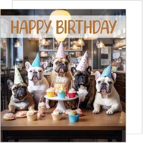 Premium Square Birthday Card with Envelope .Greeting Happy Birthday for Him or Her Mom Dad Friend Kids Funny English Bulldog Dogs (GQ154 SW024)