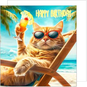 Premium Square Birthday Card with Envelope. Greeting Happy Birthday for Him or Her Female Male Friend Colleague Cool Cat Sun Beach Humor (GQ147 SW024)