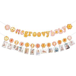 Hippie Groovy 1st Birthday Decorations, include One Groovy Baby Banner, Retro Daisy Flowers Monthly Photo Banner, Retro Hippie Groovy Decorations for Girls First Birthday Party Supplies