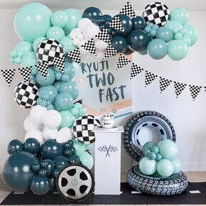Race Car Balloon Arch Garland Kit 152Pcs Dusty/Peacock/Teal Blue and White Balloons with Wheel Checkered Foil Balloons and Checkered Flag Banner for Two Fast Birthday Party Decorations